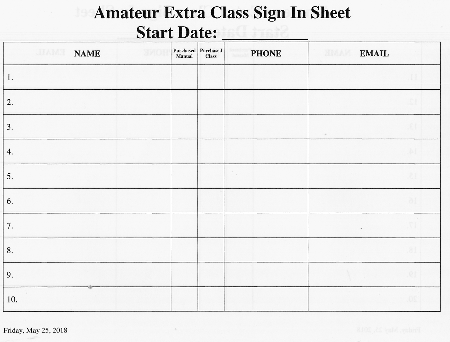 Extra Class License Sign In Sheet
